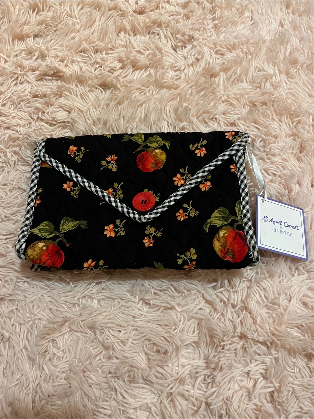 April Cornell Black Quilted Clutch with Peach Print